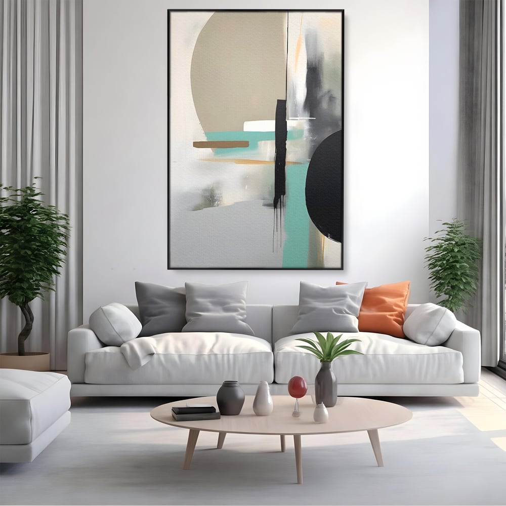 Tablou canvas cu tablou canvas cu forme abstracte, in rama de aluminiu negru, pe perete intr-un living